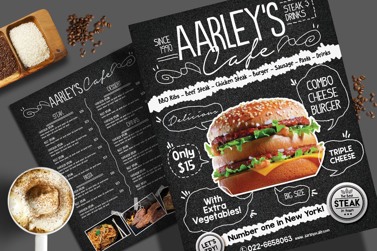 黑板画风格西餐餐厅菜单PSD模板 Asphalt Food Menu Flyer Template