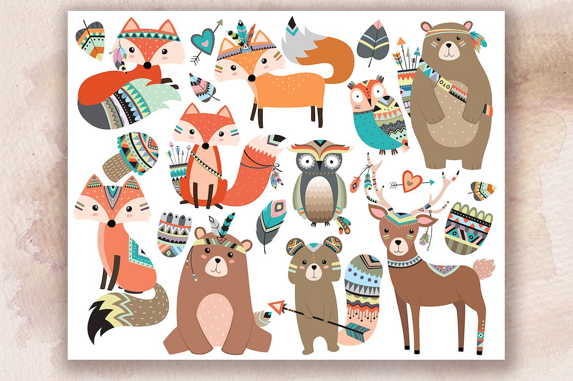 手绘林地部落动物和森林设计元素 Woodland Tribal Animals V.2 Clipart
