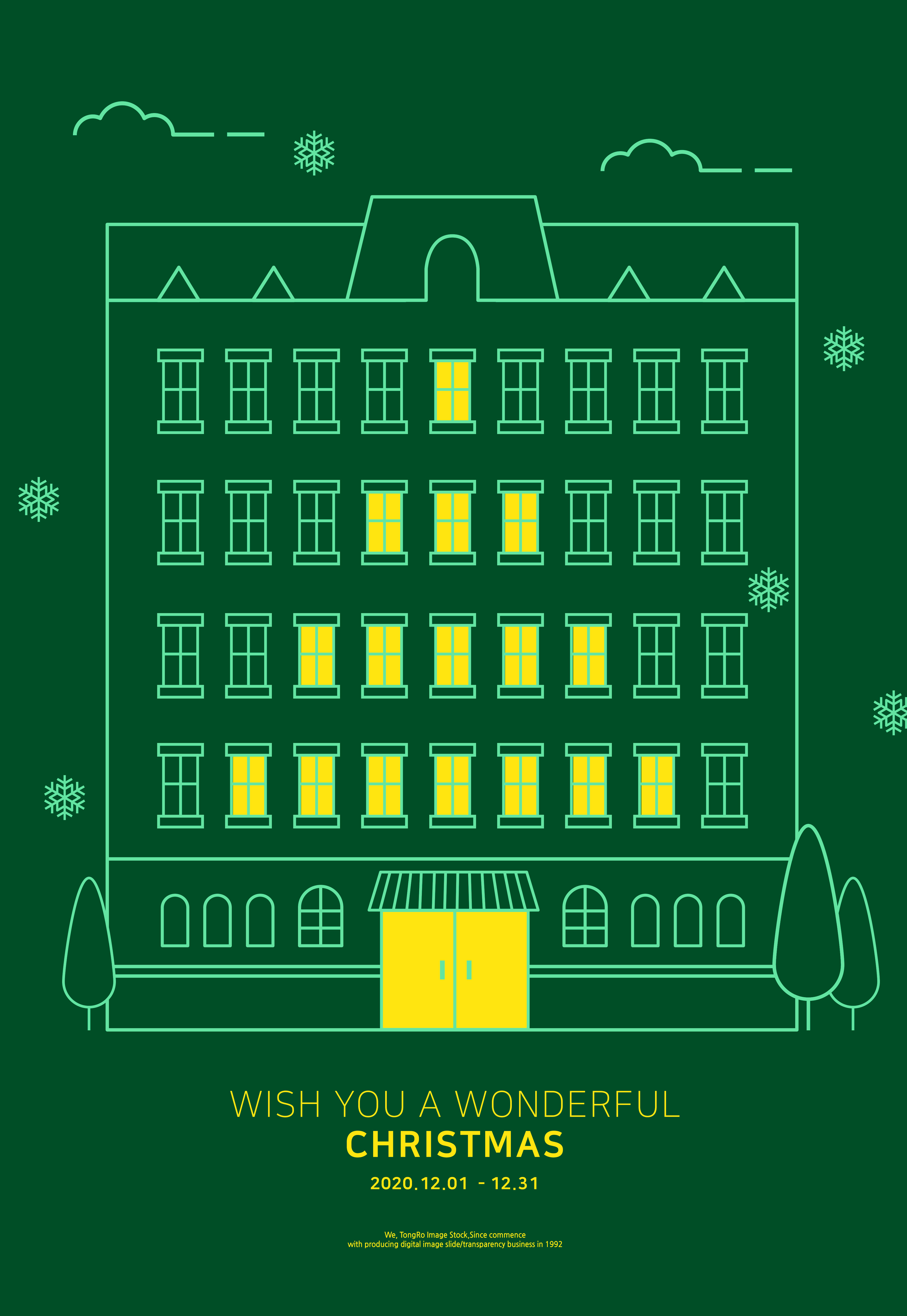 线条设计风格冬季圣诞树房子海报传单psd素材