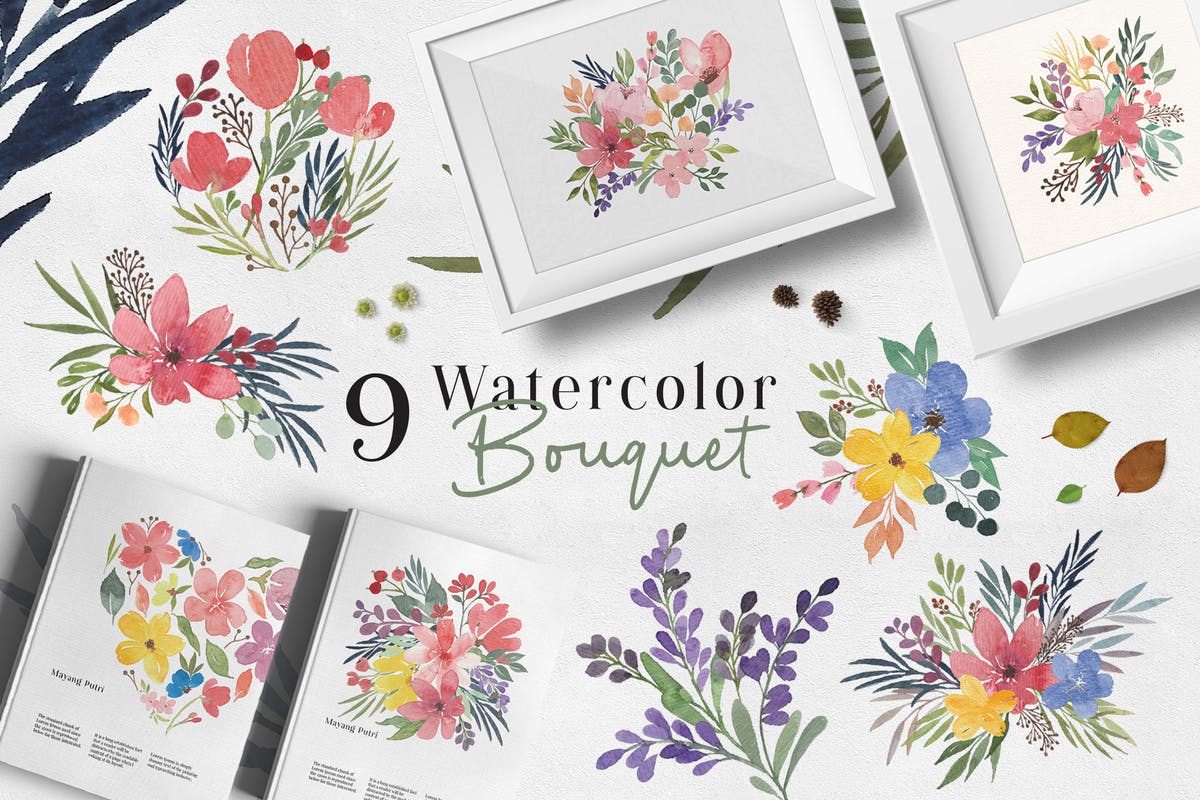 婚礼水彩花束图案设计 Ofi 9 Watercolor Bouquet Graphic