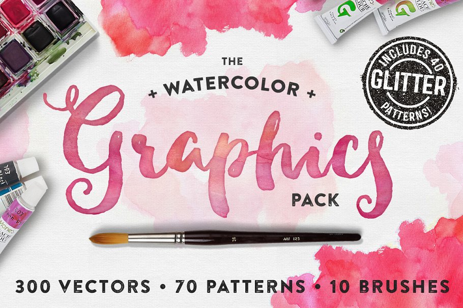 手绘水彩元素矢量图形、纹理&笔刷合集 The Watercolor Graphics Pack