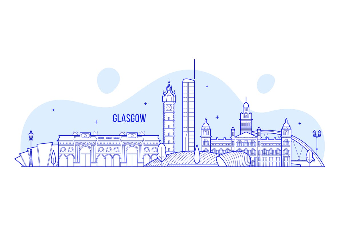 英国苏格兰格拉斯哥城市天际线矢量插画 Glasgow skyline, Scotland, UK[AI, PNG, JPG]