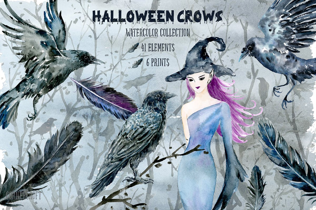 万圣节主题乌鸦&巫婆水彩插画合集 Halloween Crows and Witch Watercolor