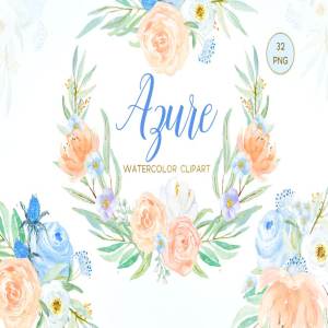 浪漫天蓝桃色玫瑰剪贴画合集 Azure Blue, Peach & Rose clipart