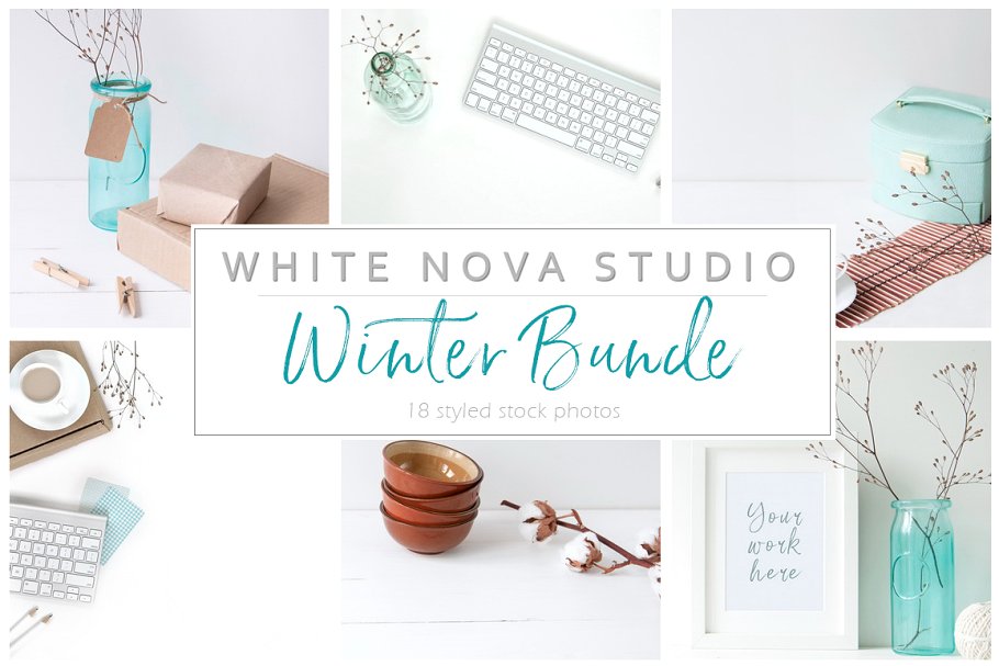 蓝色主点缀办公场景样机模板 Blue stock photo bundle