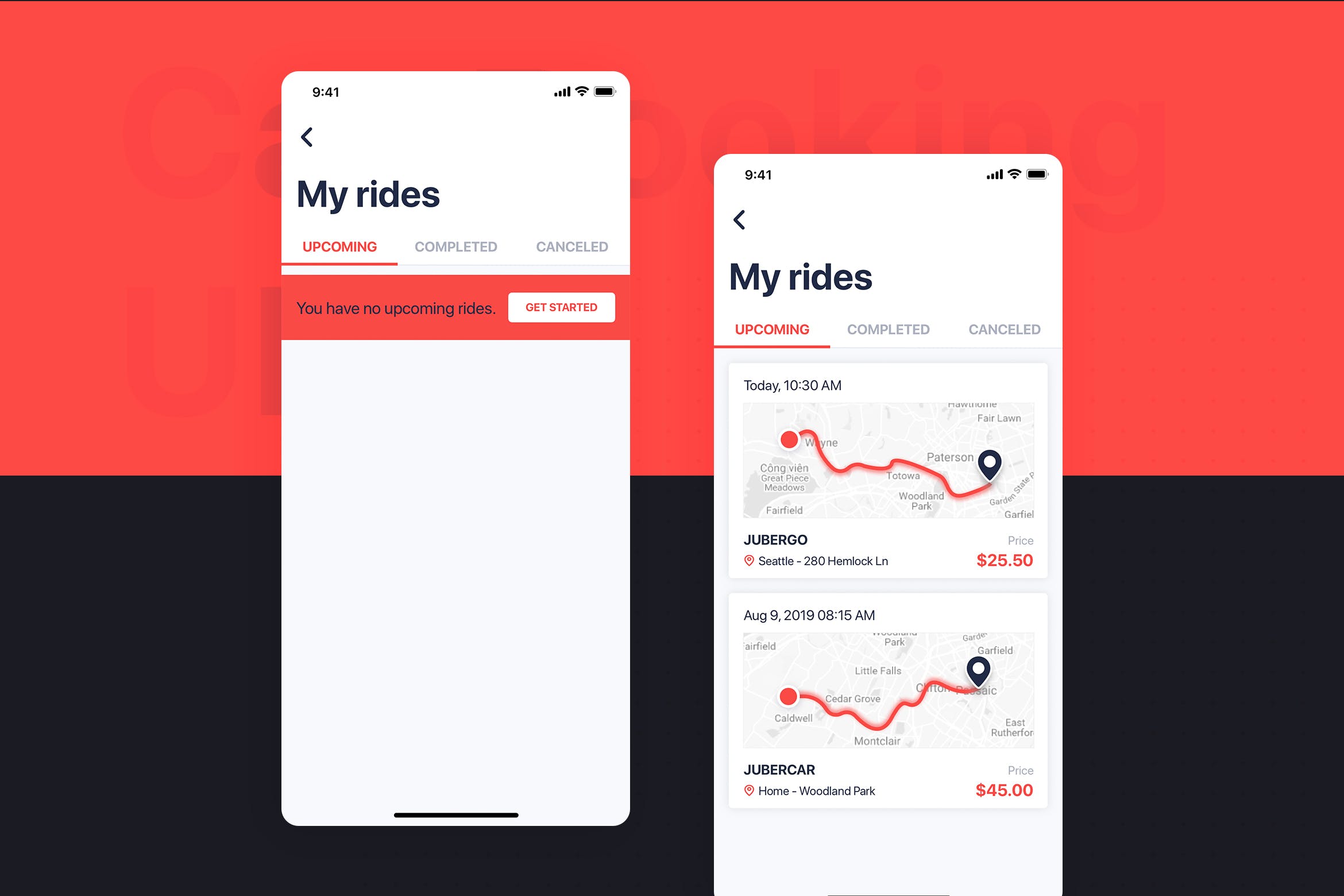 网约车APP应用UI设计之我的行程界面设计模板 Car Booking UI mobile concept – My Rides