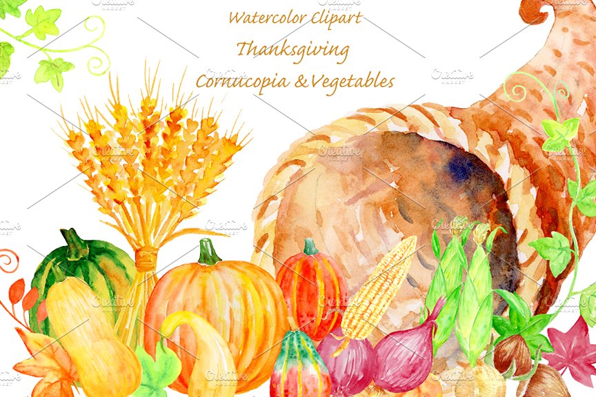 水彩感恩节主题素材聚宝盆 Thanksgiving Cornucopia