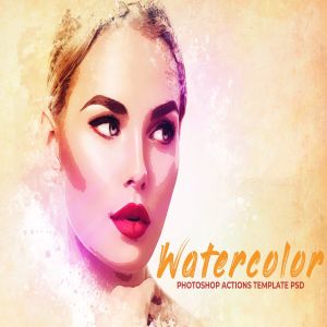 水彩绘画特效PS动作PSD智能对象图层 Watercolor Photoshop PSD Template