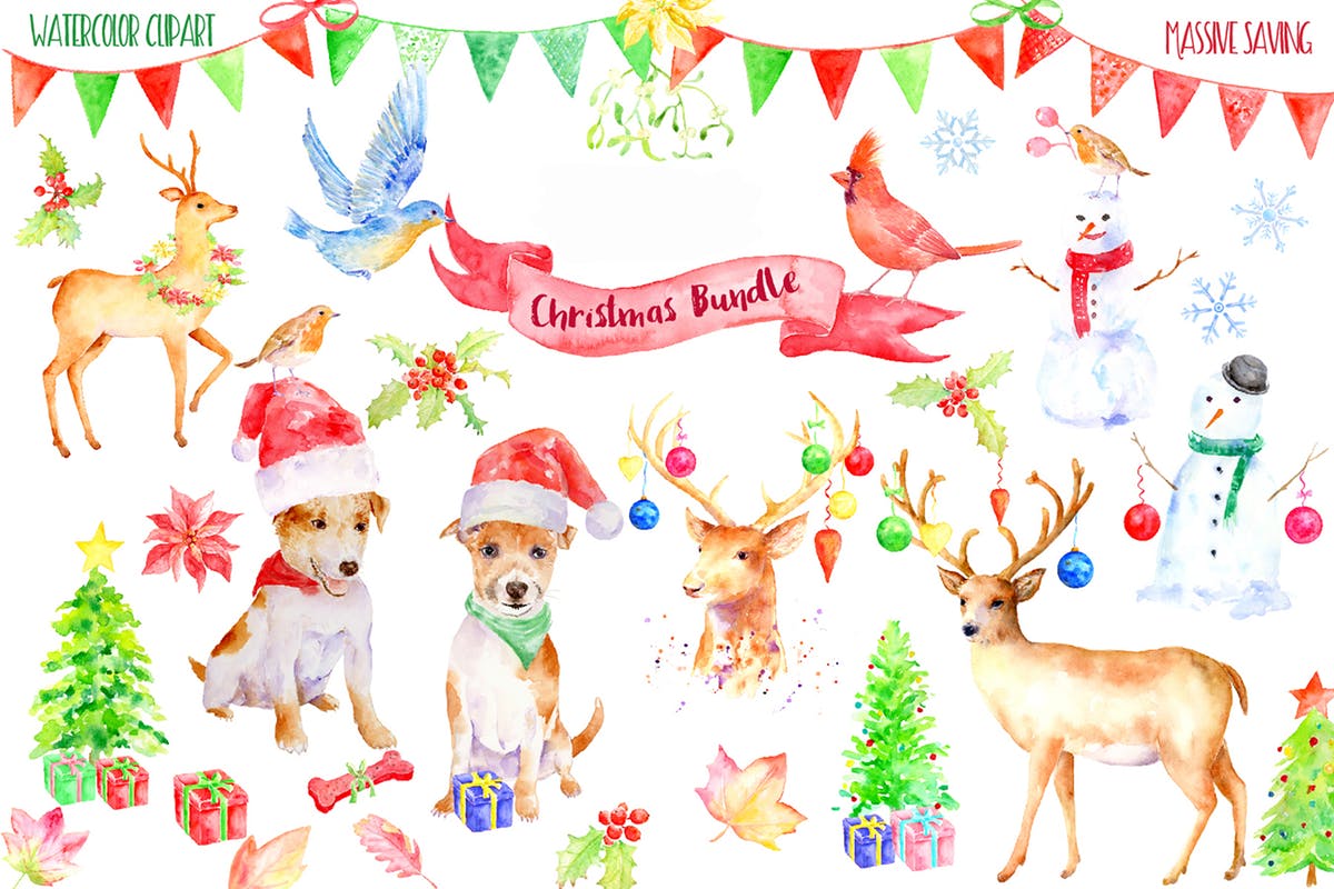 水彩圣诞节主题剪贴画合集 Watercolor Christmas Bundle