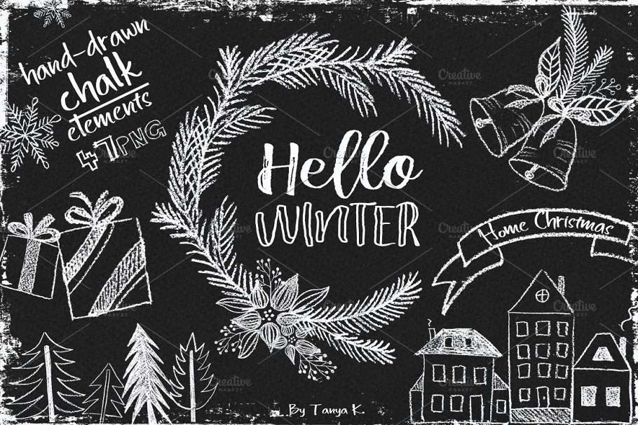 您好，冬天-粉笔手绘素材 Hello Winter Hand-drawn Chalk Kit