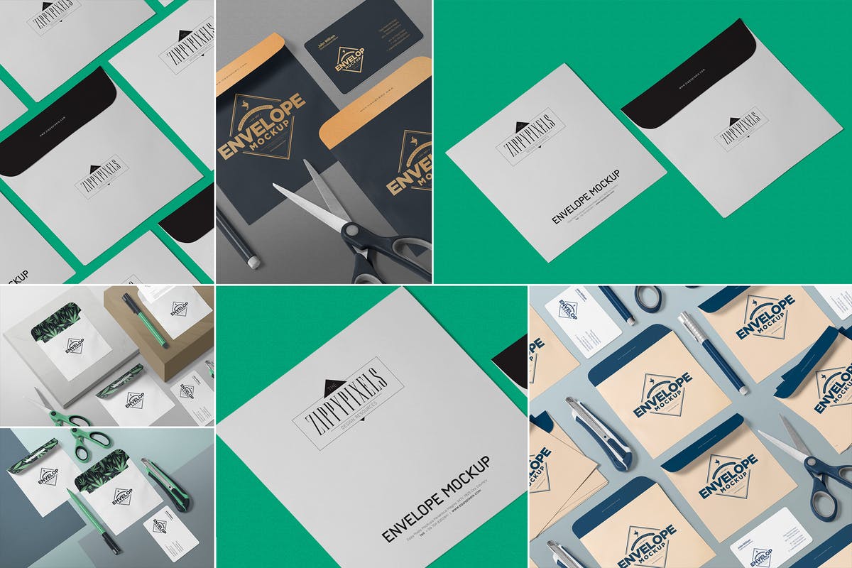 企业文具套装等距场景样机展示模板 Isometric Envelope Mockups