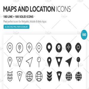 180个地图和位置线性及实体图标 Maps and Locations Icons