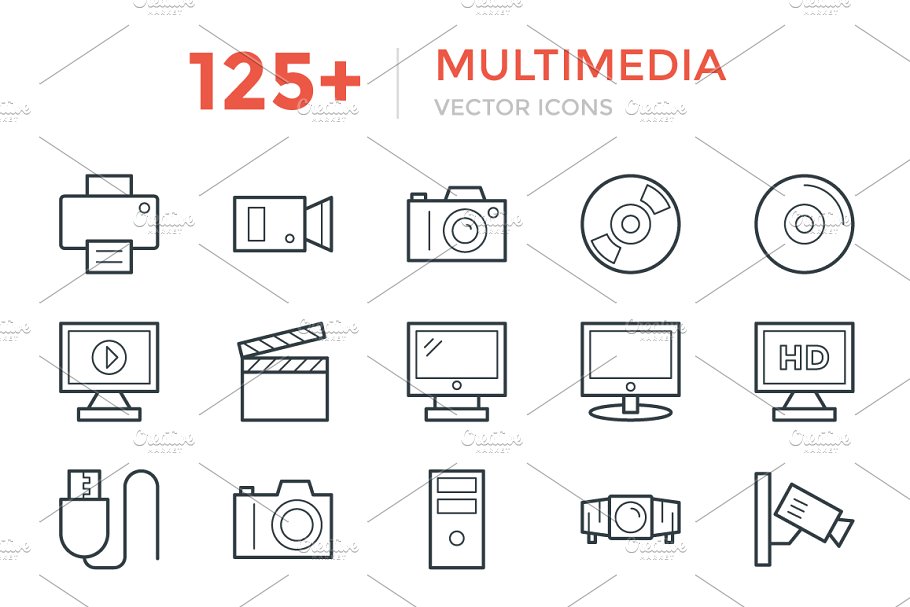 125+多媒体主题矢量图标 125+ Multimedia Vector Icons