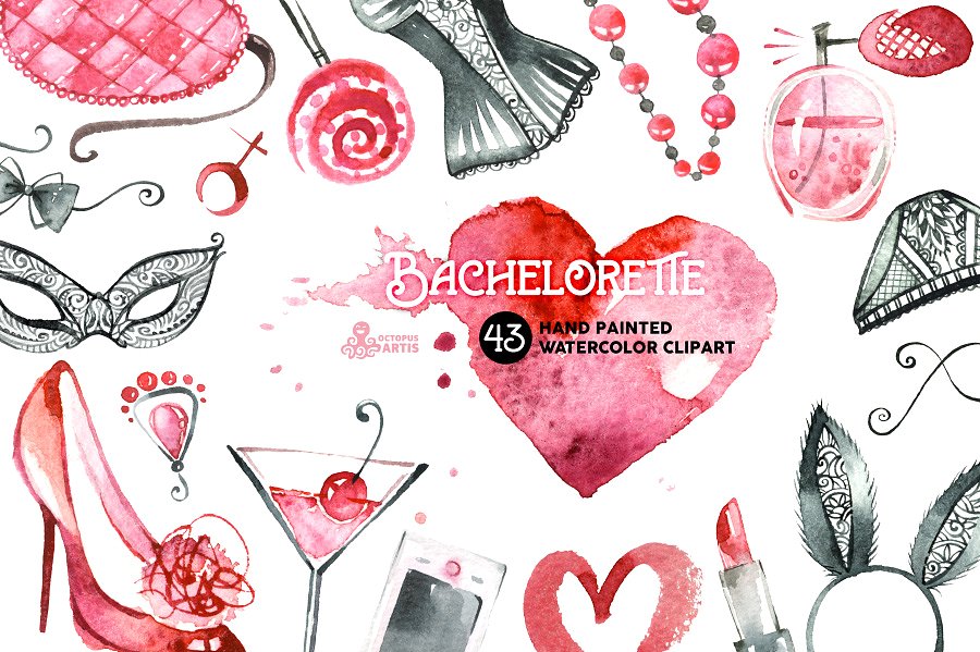 单身蒙面派对水彩设计素材 Bachelorette Watercolor