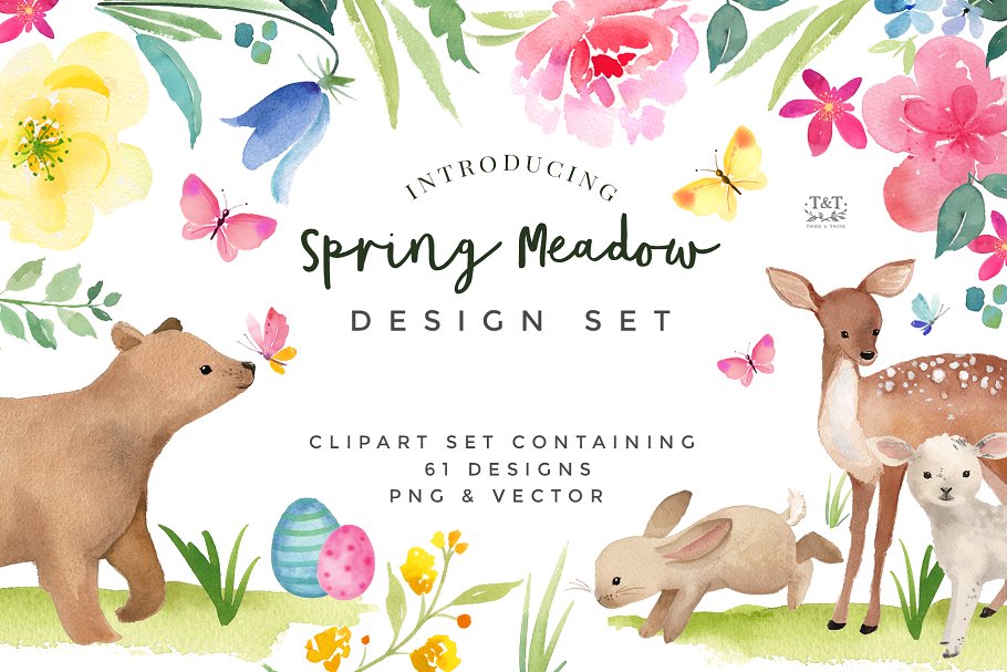 春天的大自然水彩剪贴画合集 Clipart Set – Spring Meadow