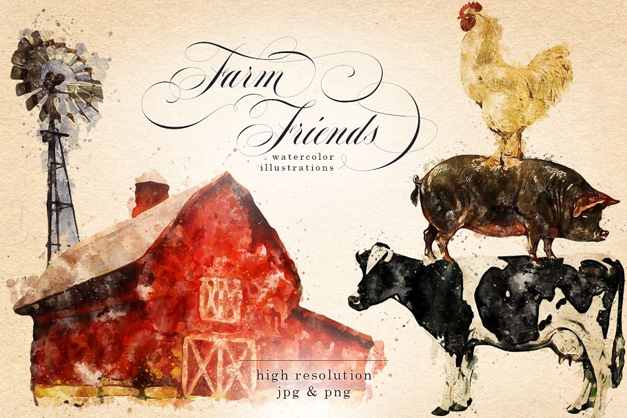 农场主题元素水彩剪贴画 Farm Friends Watercolor Graphics
