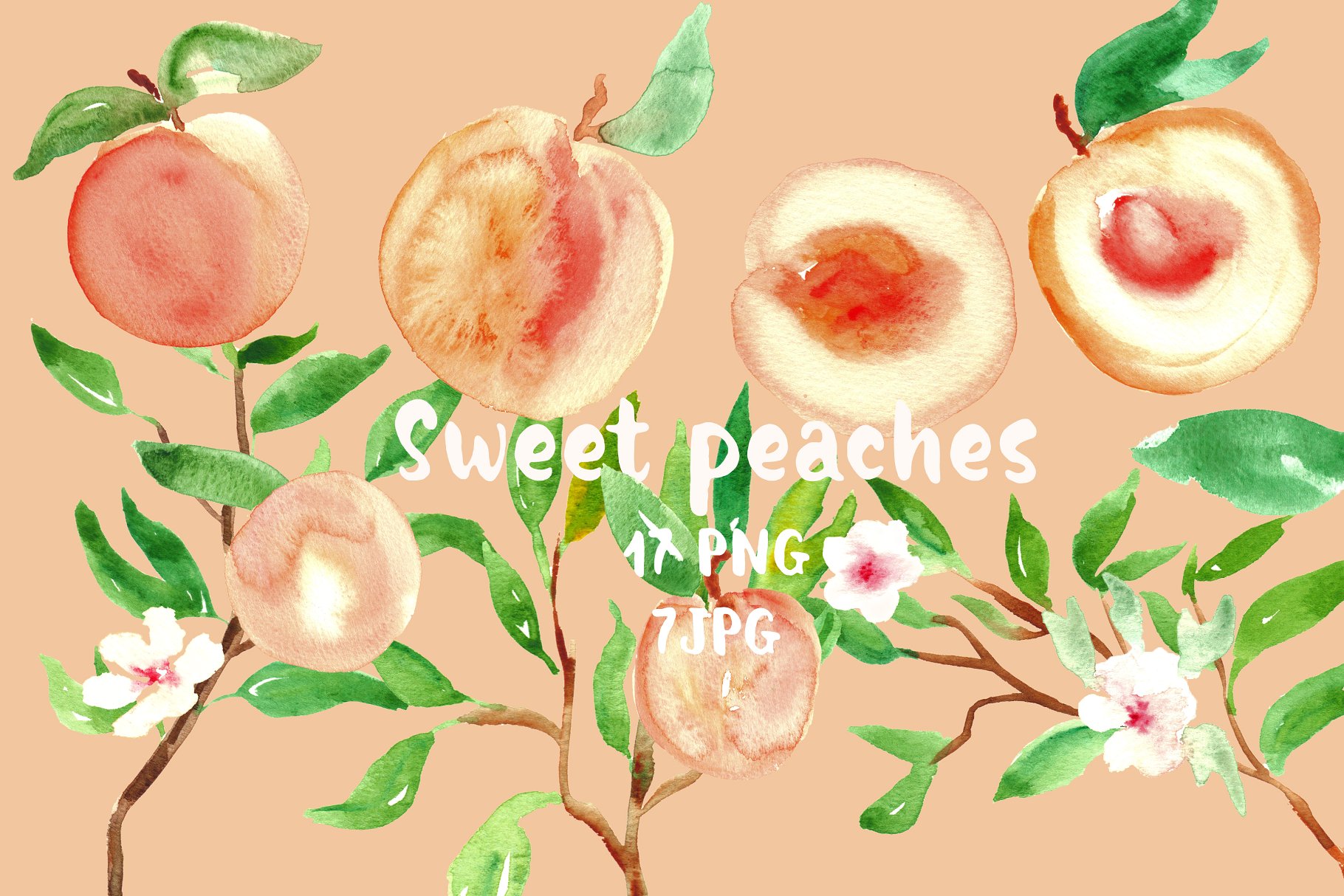 水蜜桃水彩剪贴画 Peach. Watercolor clipart.