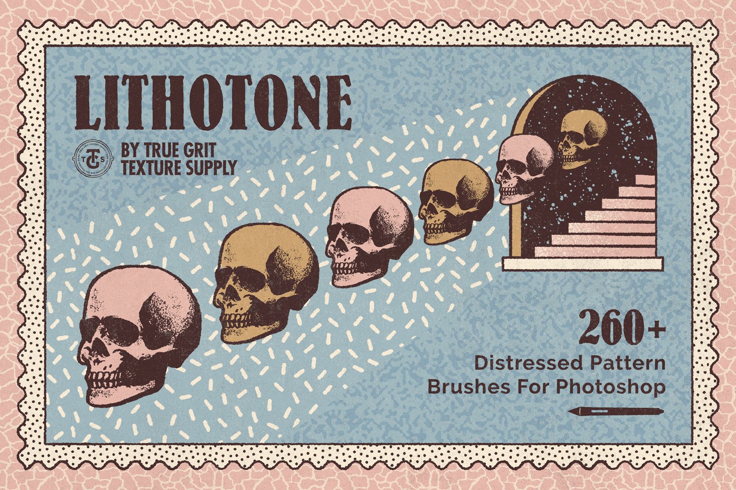 70年代转印凹模样板图案纹理&PS笔刷套装 LITHOTONE Distressed Pattern Brushes