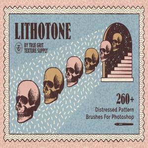 70年代转印凹模样板图案纹理&PS笔刷套装 LITHOTONE Distressed Pattern Brushes
