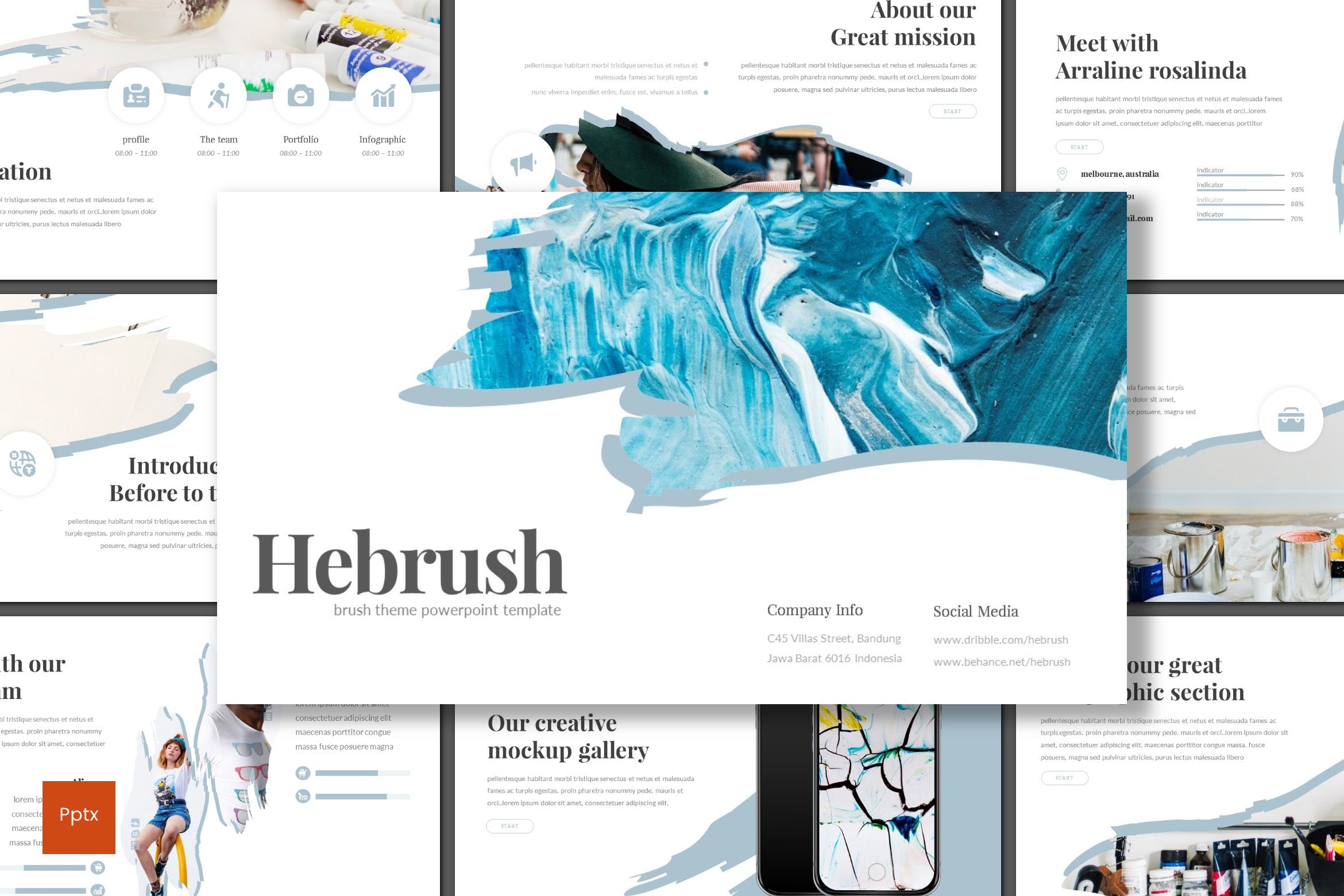 创意油画艺术机构PPT幻灯片模板 Hebrush – Powerpoint Template