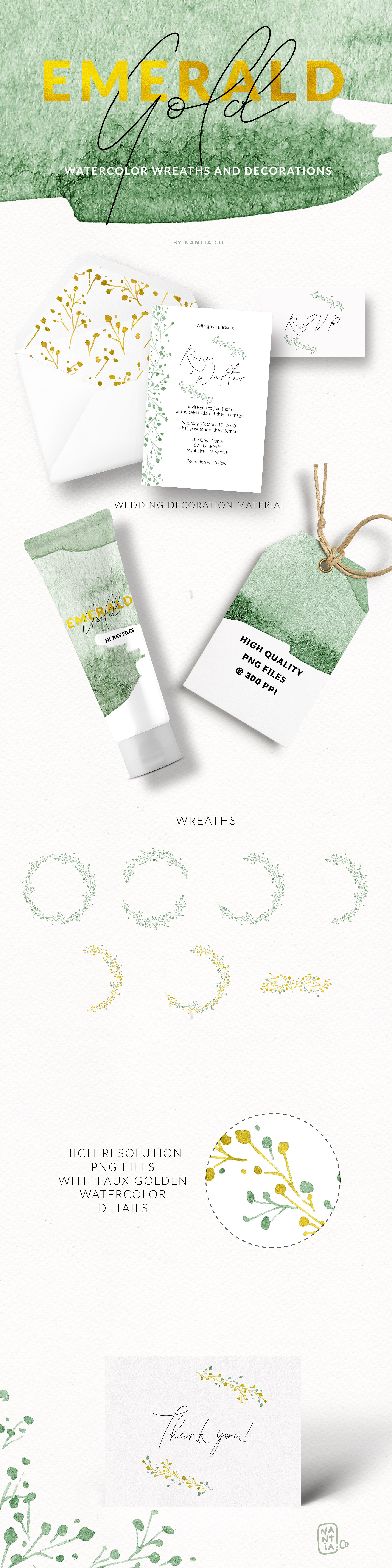 8款翡翠绿水彩手绘花环 8 Watercolor Wreaths Emerald Gold