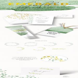 8款翡翠绿水彩手绘花环 8 Watercolor Wreaths Emerald Gold