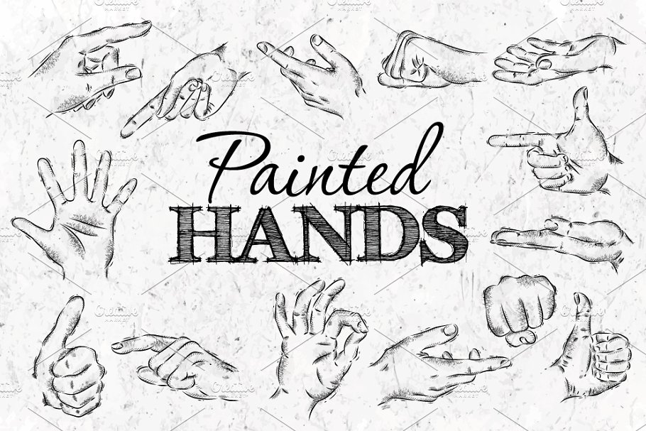 复古手绘手势动作黑板粉笔画 Painted hands