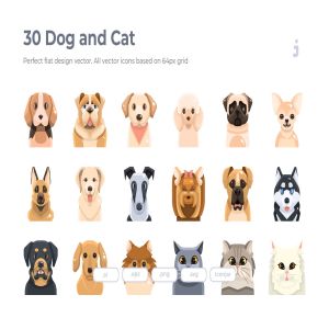 30枚狗&猫扁平设计风格矢量图标 30 Dog and Cat Icons – Flat
