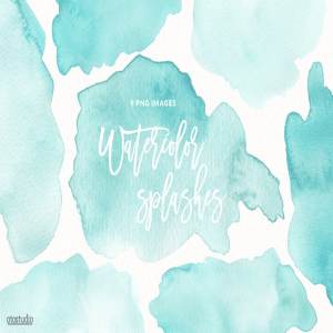 手绘薄荷色调水彩泼墨设计元素 Mint Watercolor Splashes & Textures