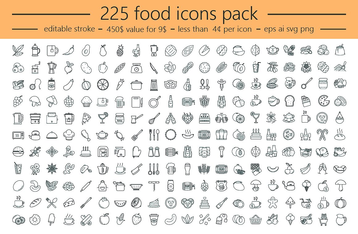 225+食物类线性矢量图标打包下载[eps,ai,svg,png]