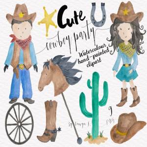 西部牛仔可爱风格水彩插画 Cowboy Party Watercolor Set