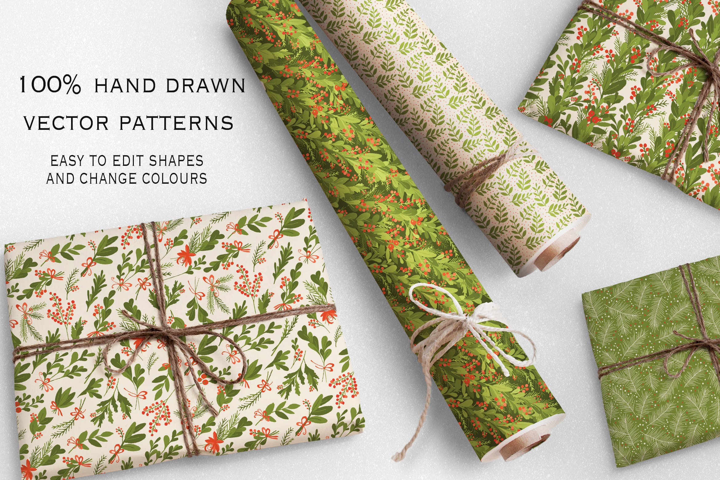 圣诞节主题绿色植物手绘图案背景素材 Green Christmas