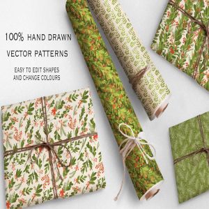 圣诞节主题绿色植物手绘图案背景素材 Green Christmas