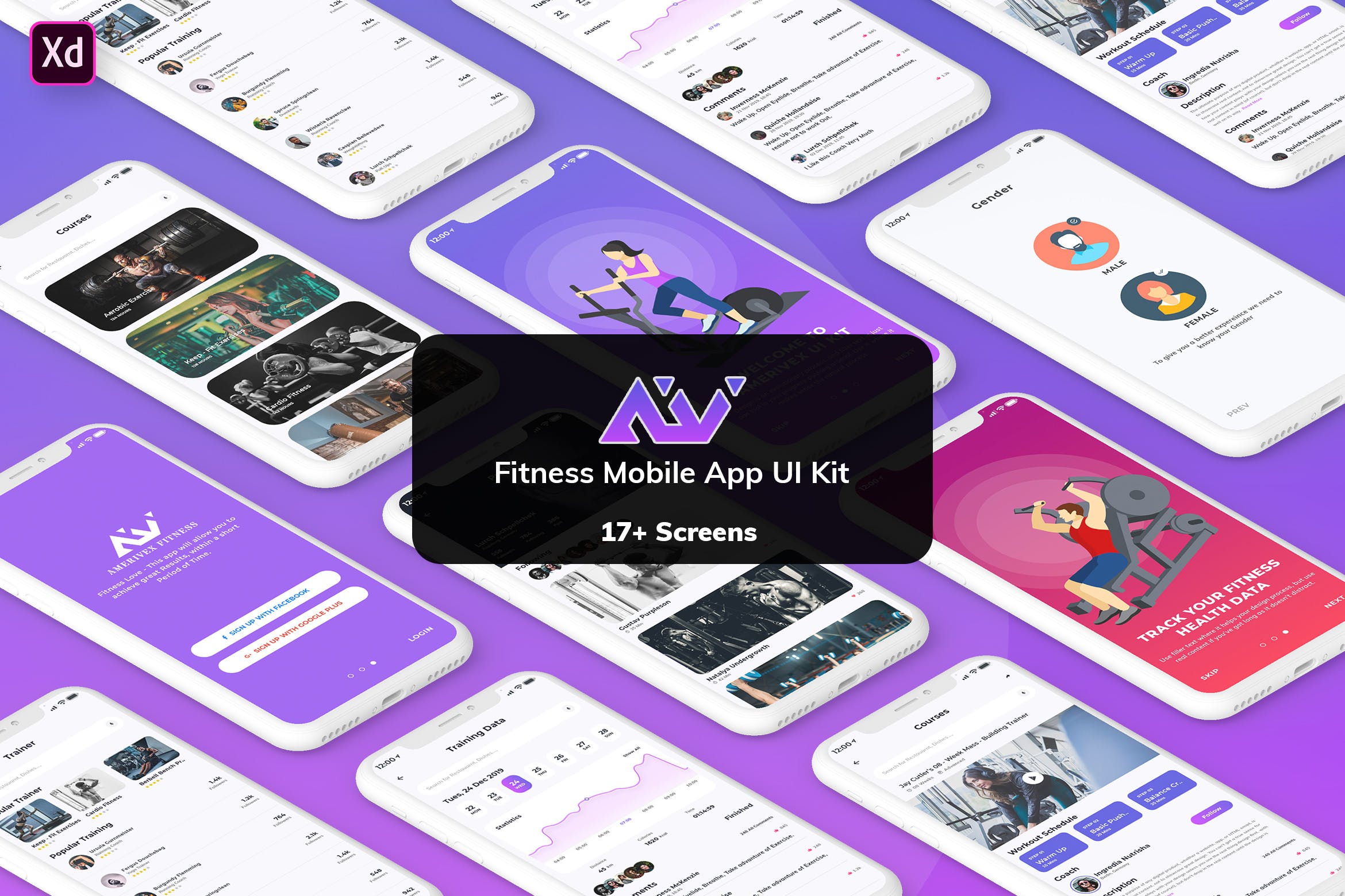 健身运动主题APP应用UI设计套件[for XD] Amerivex-Fitness MobileApp UI Kit Light (XD)
