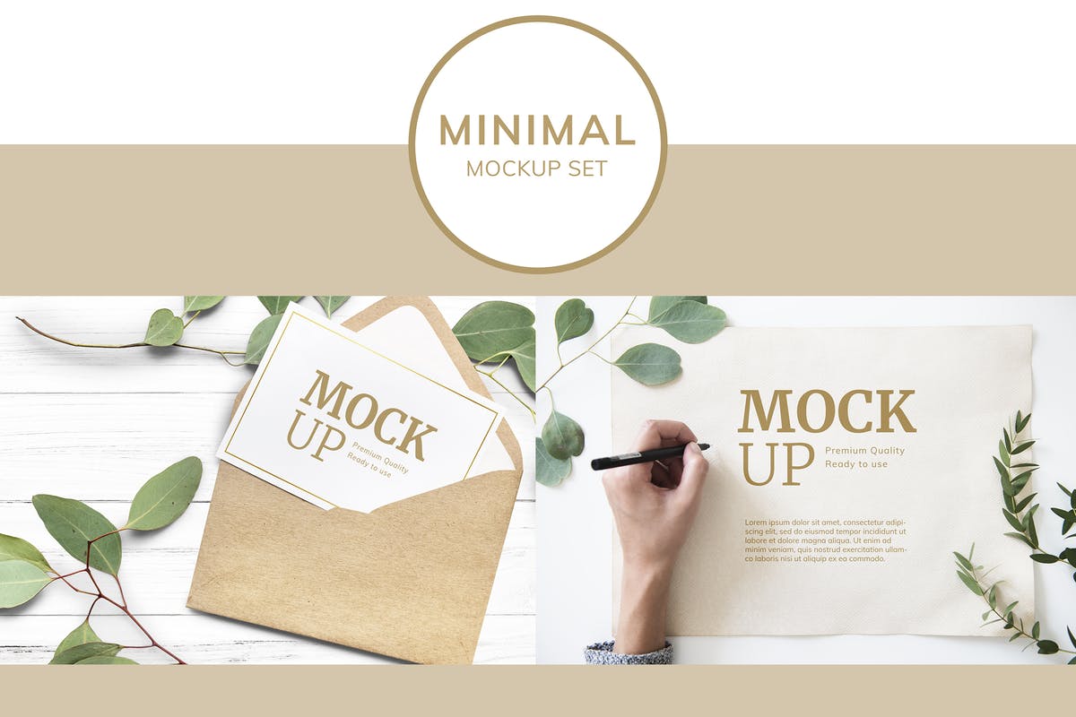 极简主义婚礼请柬/明信片/信封样机 Paper and Leaves Mockup