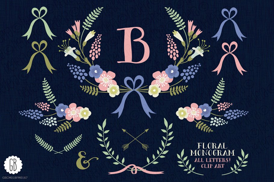 花环桂冠花背景装饰素材 Floral wreaths laurels monogram C75