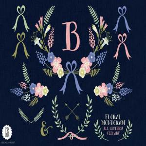 花环桂冠花背景装饰素材 Floral wreaths laurels monogram C75