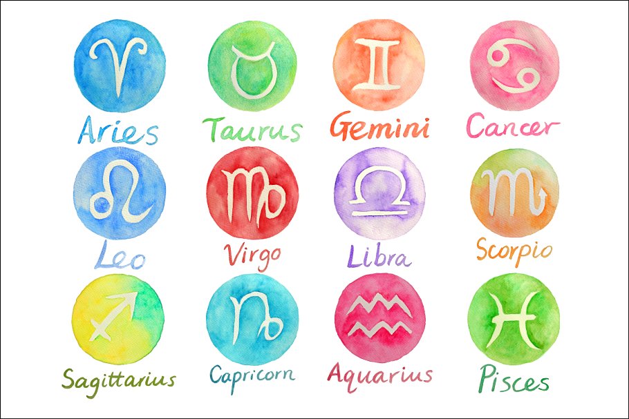 手绘星座占仆圆形水彩剪贴画 Watercolor Zodiac Signs Clipart