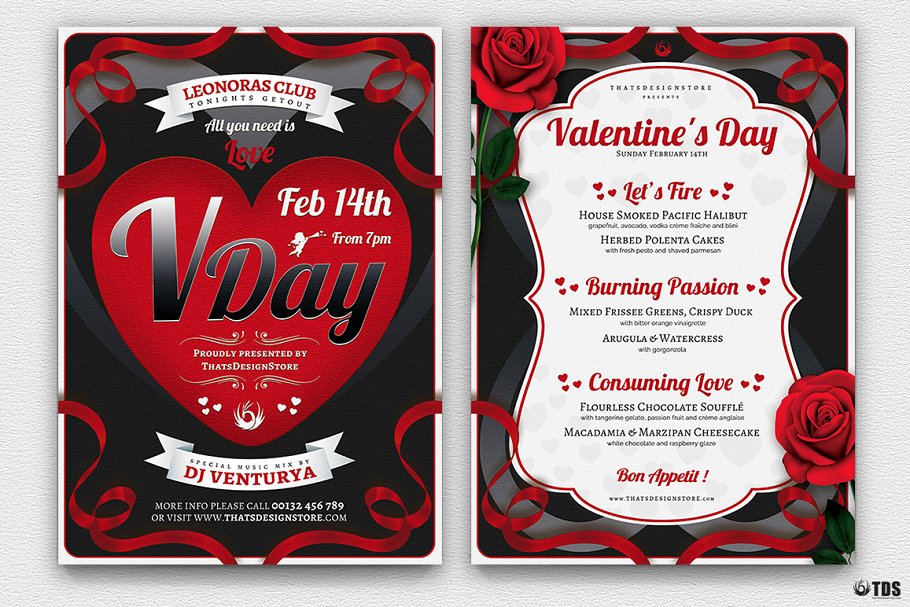 情人节主题传单活动目录PSD模板v8 Valentines Day Flyer+Menu PSD V8