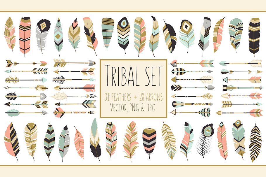 59个美丽的部落箭头艺术羽毛剪贴画 59 Arrows & Feathers Tribal Clipart