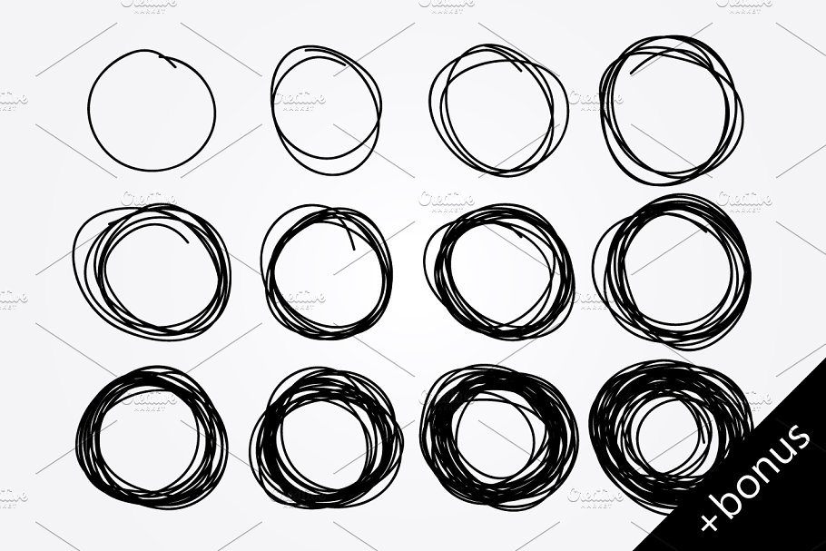 手绘涂鸦圆圈、三角形和正方形图形 hand drawn doodle circles + bonus