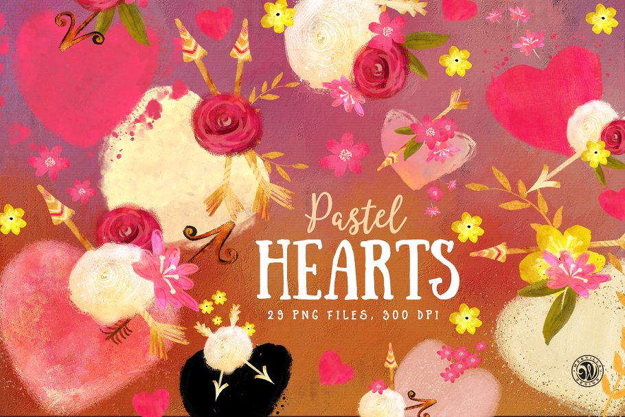 彩色粉笔画心形手绘插画 Pastel Hearts