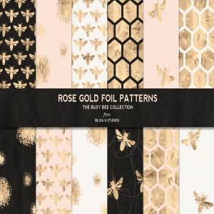 勤劳的蜜蜂&玫瑰金图案纹理 Busy Bee Rose Gold Digital Patterns