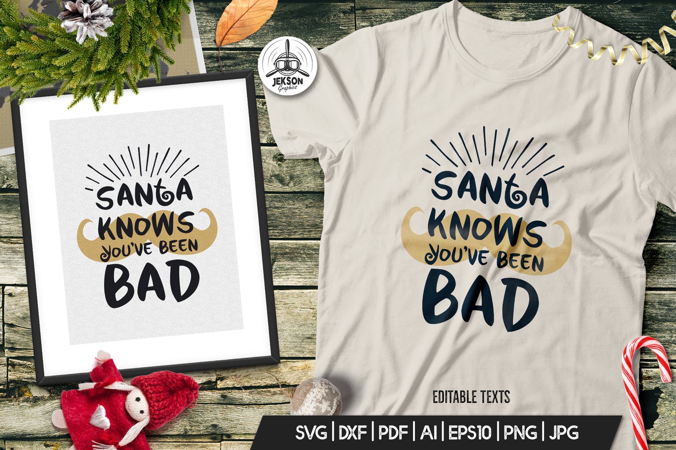 圣诞节主题T恤文字印花图案设计模板 Funny Christmas T-Shirt. Vector Print, Santa Quote