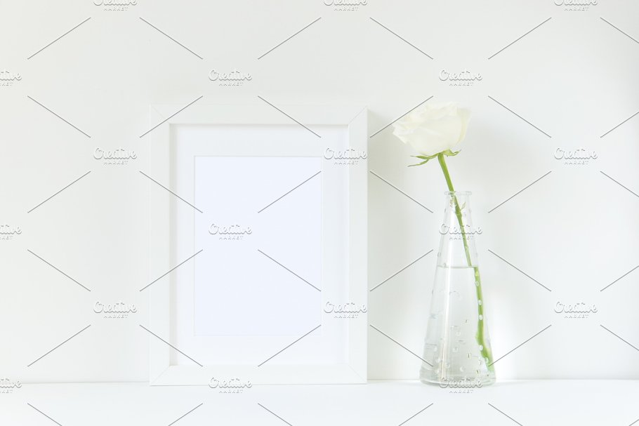 极简主义白玫瑰装饰画框样机 White frame mockup with rose