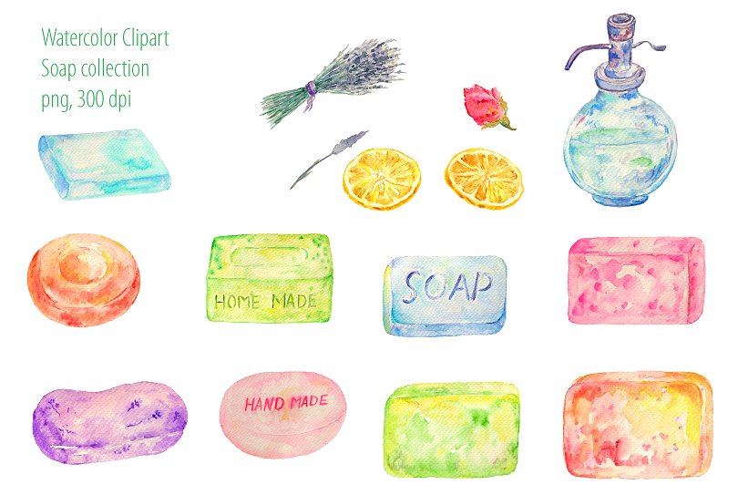 美容护肤品牌水彩手绘插画设计素材 Watercolor Clipart Soap Collection