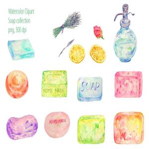 美容护肤品牌水彩手绘插画设计素材 Watercolor Clipart Soap Collection