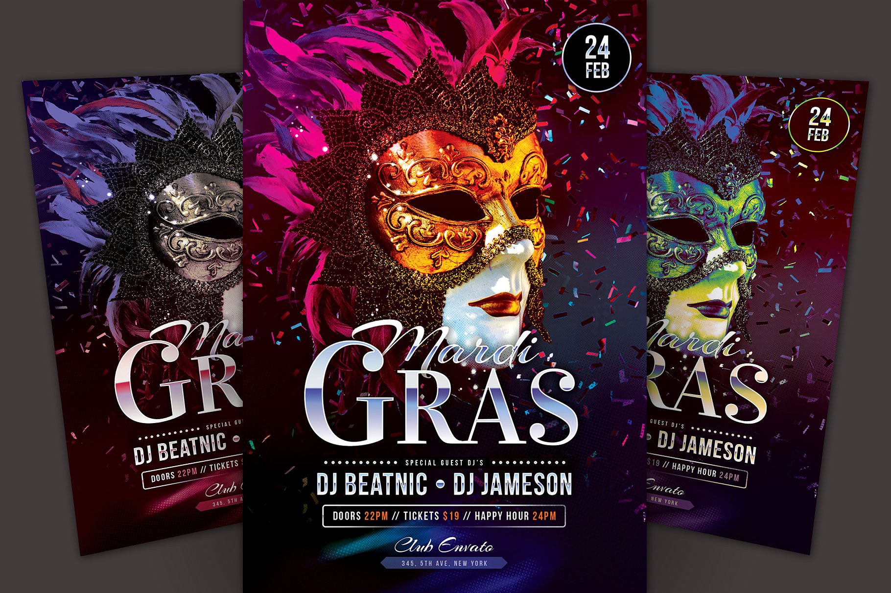 狂欢节面具派对宣传传单模板 Mardi Gras Flyer Template