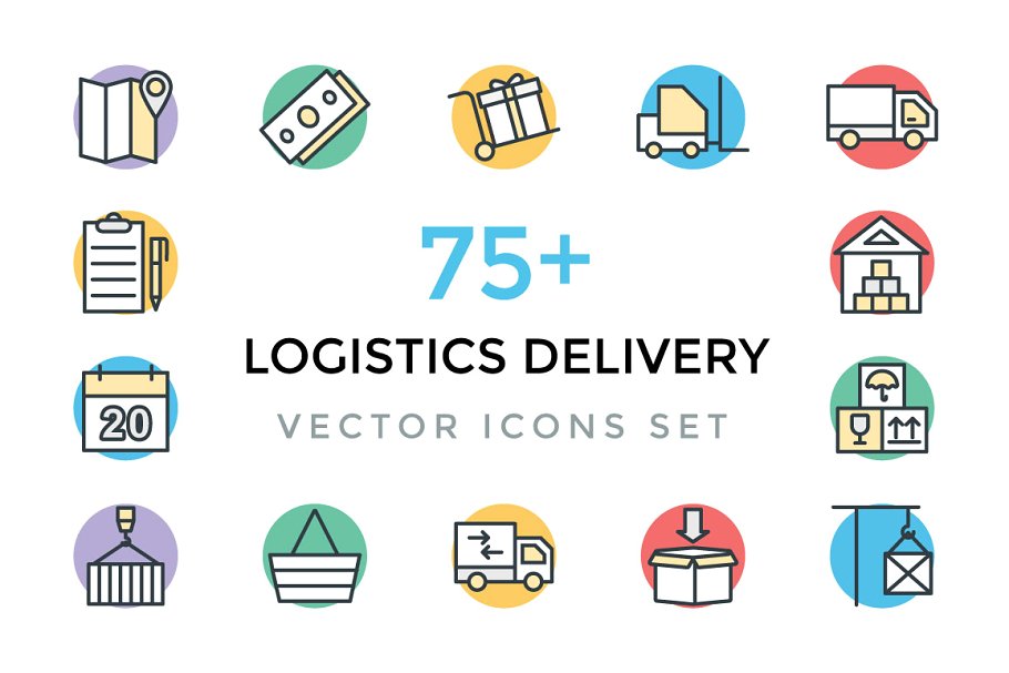 75+物流运输业彩色粗线条图标 Logistics Delivery Vector Icons