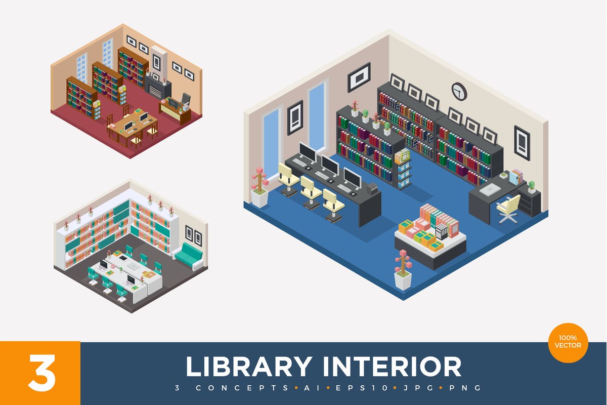 库房仓库场景2.5D等距概念插画v1 3 Isometric Library Interior Vector Set 1